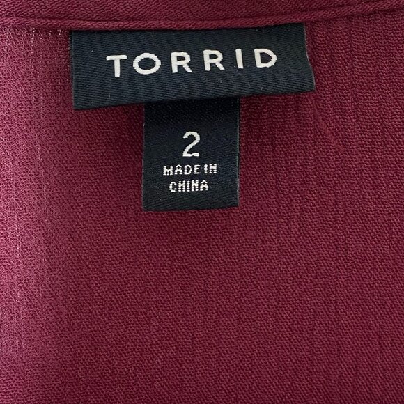 Torrid Burgundy Boho Peasant Top Plus Size 2X Bell Sleeve Crochet Lace Up Blouse - Picture 6 of 9